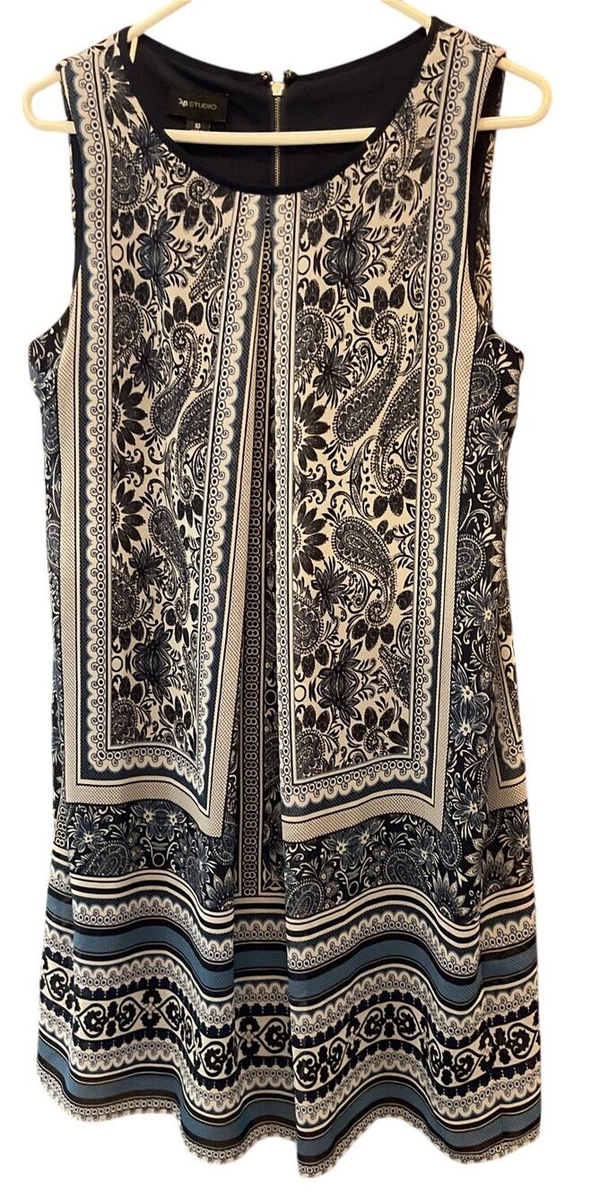 AB Studio Size 10 Blue Floral Geometric Knee Length Sleeveless Dress